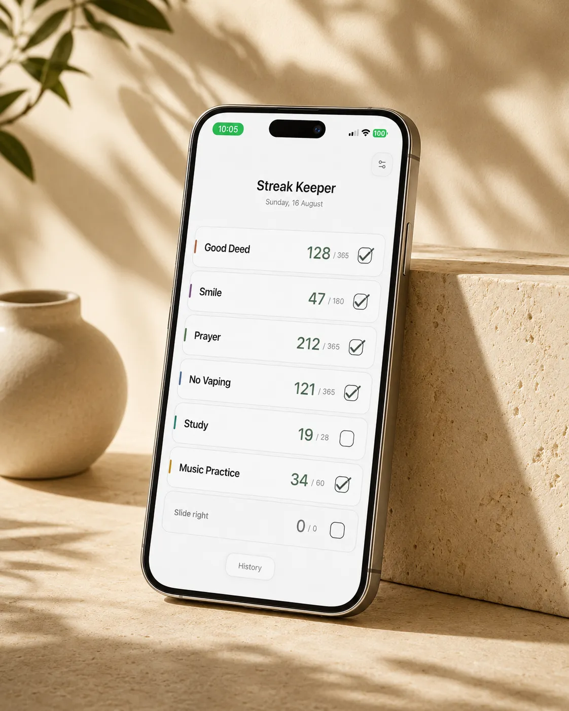 An iPhone showing the Streak Keeper home screen — six named daily streaks with running counts and checkboxes, most checked off for the day — resting against a stone block in warm natural light.